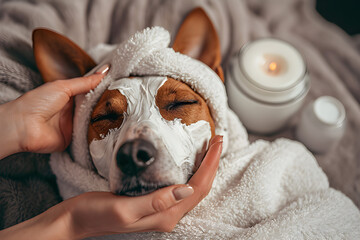 Experience canine charm as a cute dog indulges in beauty procedures, blissfully adorned in a cozy white robe.
