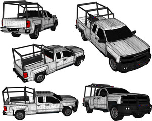 Vector sketch illustration of the design of a pickup car modified to carry passengers - obrazy, fototapety, plakaty