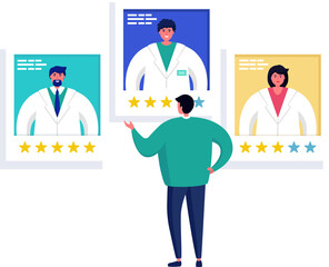 Person comparing online profiles of two male and one female doctor. Choosing healthcare provider, rating doctors, customer review concept vector illustration.