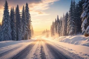 a road in the middle of a snowy forest. pine tree forest with snowfalls clear road on the free way of sunrise.