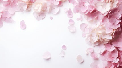 Flower composition. hydrangea petals on a pink background. Wedding day, mother's day and women's day concept. Flat lay, top view.