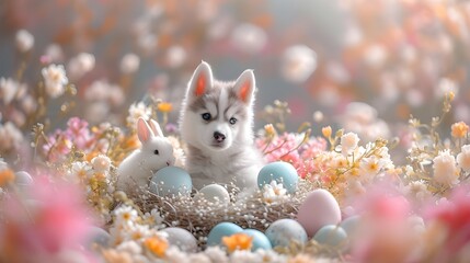 Siberian Husky puppy and bunny sitting in an Easter-themed basket, surrounded by a dreamlike landscape of floating pastel-colored Easter eggs  - obrazy, fototapety, plakaty