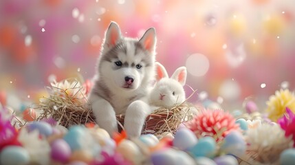 Siberian Husky puppy and bunny sitting in an Easter-themed basket, surrounded by a dreamlike landscape of floating pastel-colored Easter eggs 