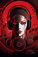 Futuristic Female Figure with Headphones in Red and Black for Wall Art