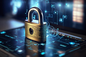 Enhance cybersecurity with a digital padlock icon on a virtual interface screen. Safeguard your online presence and protect business data privacy against cyber threats.