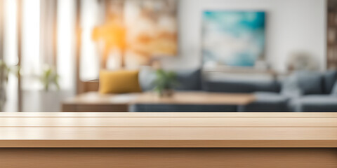 Empty table with abstract blurred background. blur living room. for product display.