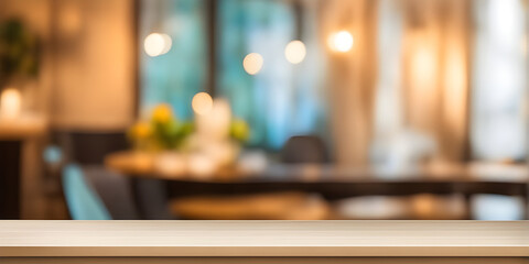 Empty table with abstract blurred background. blur living room. for product display.
