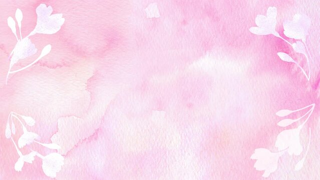 ピンク色の水彩背景に白い桜模様のフレームが浮かび上がるアニメーション。