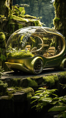 "Eco-conscious lifestyle: Electric vehicles in serene, nature-rich settings, symbolizing harmony between technology and the environment