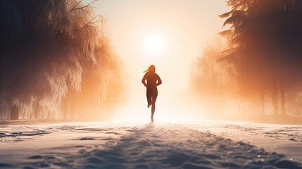Fototapeta premium woman running at snowy winter under sunlight