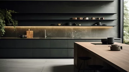 Fotobehang Cuisine moderne noir mat avec du bois, style minimaliste © jp