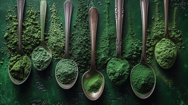 cuill&egrave;res sur une table avec de la spiruline &agrave; l'int&eacute;rieur