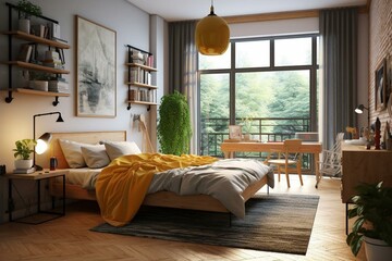 Cozy bedroom with bright furniture and natural wooden tables in a modern style. Generative AI