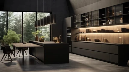 Deurstickers Cuisine moderne noir mat avec du bois, style minimaliste © jp