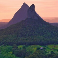 Sunset over the Glasshouse Mountains in QLD - vertical aspect ratio
