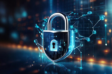 Enhance cybersecurity with a digital padlock icon on a virtual interface screen. Safeguard your online presence and protect business data privacy against cyber threats. - obrazy, fototapety, plakaty
