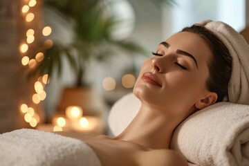 Obraz na płótnie Canvas A beautiful woman is enjoying SPA service. Serene beautiful relaxed woman lying on couch with closed eyes receiving and enjoying relaxing massage.