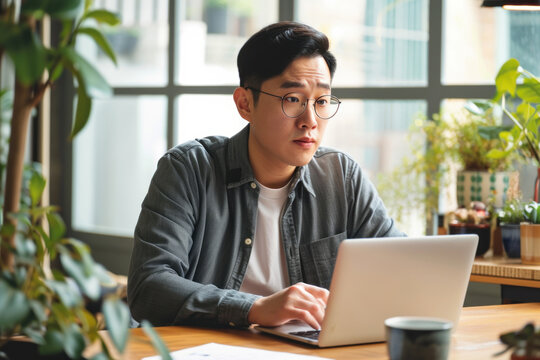 Asian freelance man sitting and working with laptop Showing a confused and troubled expression sit at the table with computer macbook