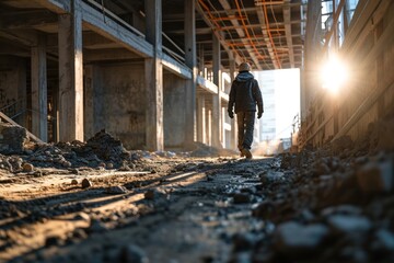 A professional architect engineer wearing protective helmet and standing looking at house construction site