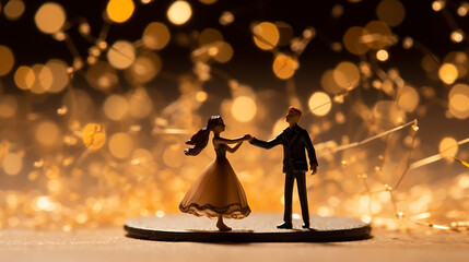 miniature people couple dancing with bokeh background