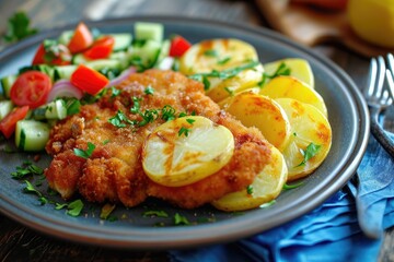 Schnitzel with potatoes and vegetables..