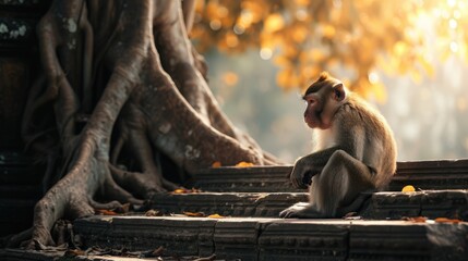 Monkey relaxing on stairs with a tree behind it, in the style of Buddhist art and architecture. - obrazy, fototapety, plakaty