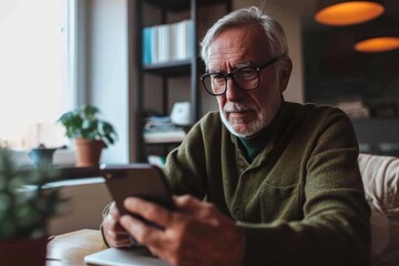 An elderly man uses social media at home and practices using technology. When an elderly man started using social media at home, she began to learn more. - obrazy, fototapety, plakaty