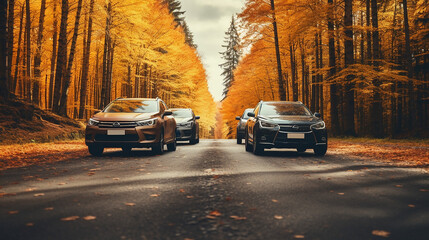 three cars parked at autumn forest asphalt road