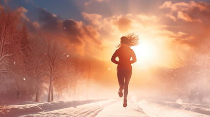 woman running at snowy winter under sunlight