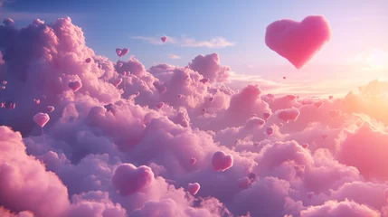 Fotobehang Pink, heart-shaped clouds blooming in the sky, bathed in sunshine, beautifully depicting love and romance © rekux
