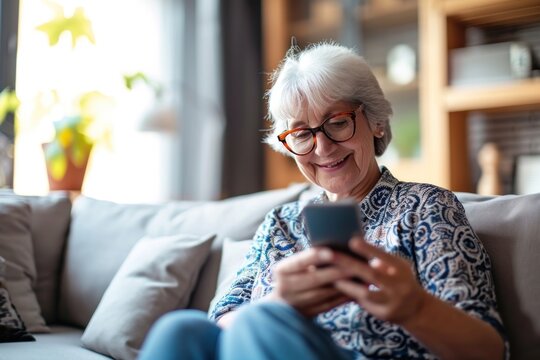 An elderly woman uses social media at home and practices using technology. When an elderly woman started using social media at home, she began to learn more. - Powered by Adobe
