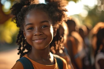 African girl at primary school Cute black kid in countryside looking at camera while with classmates in school