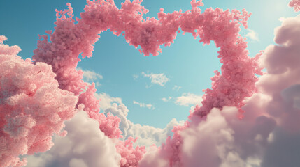 Cherry blossom flowers blooming in the shape of a big heart against the blue Valentine's Day sky, above the clouds, beautifully depicting love and romance