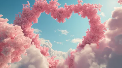 Poster Cherry blossom flowers blooming in the shape of a big heart against the blue Valentine's Day sky, above the clouds, beautifully depicting love and romance © rekux