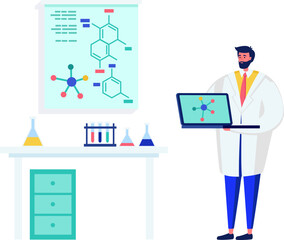 Male scientist presenting a molecular structure on laptop in a lab. Researcher in white coat with chemistry data vector illustration.