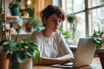 Angry freelance woman sitting with computer and macbook at table with confused and troubled expression - Powered by Adobe