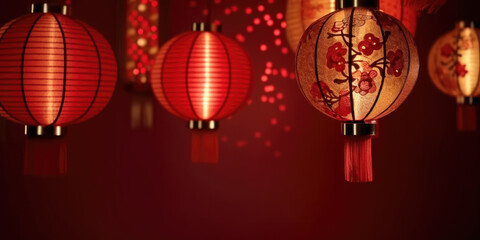 Chinese Lanterns on a red background, copy space. Red and Golden Chinese New Year lanterns. Chinese lantern festival
