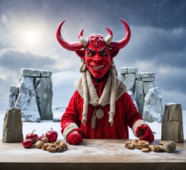 Devil with apples on a wooden table in a snowy landscape.