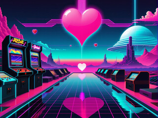 Retrofuturistic cyber landscape of arcade video game with heart panorama. Synthwave/ vaporwave/ retrowave style illustration.