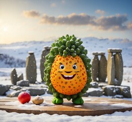 Funny orange fruit in the form of a snowman on a background of stones