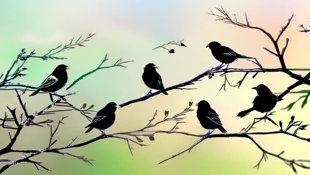 A landscape painting featuring the silhouettes of several birds perched on branches at dusk.
