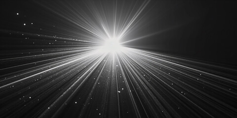 Monochrome image displaying beams of light radiating from a bright central point, AI generated