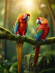 Obraz premium A beautiful loving couple macaw perching on top