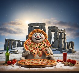 Pizza in the form of a snowman against the backdrop of Stonehenge