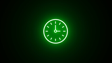 Neon glowing clock icon, sign. neon Time and Clock icon on the black background. neon clock sign. alarm silhouette. - obrazy, fototapety, plakaty