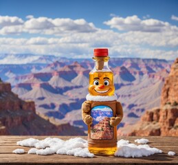 Sunflower oil bottle on wooden table with Grand Canyon view in background