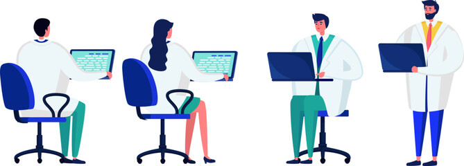 Four healthcare professionals with laptops. Diverse medical team in lab coats using computers. Technology in healthcare vector illustration.