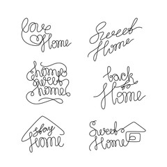 Home, hand lettering small tattoo, stay home, welcome inscription, continuous line drawing, print for clothes, t-shirt, emblem logo design, single line on white background, isolated vector.