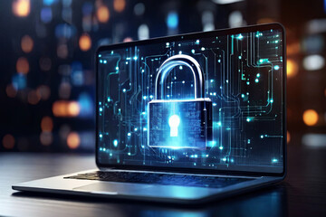 Enhance cybersecurity with a digital padlock icon on a virtual interface screen. Safeguard your online presence and protect business data privacy against cyber threats.