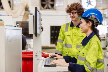 engineer team staff worker working in wooden furniture factory control operate wood cutter machine